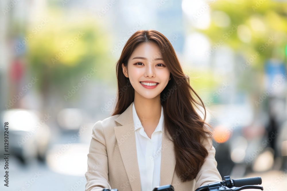 Smiling young woman enjoying a sunny day while riding a bicycle in an urban setting Smiling young woman enjoying a sunny day while riding a bicycle in an urban setting