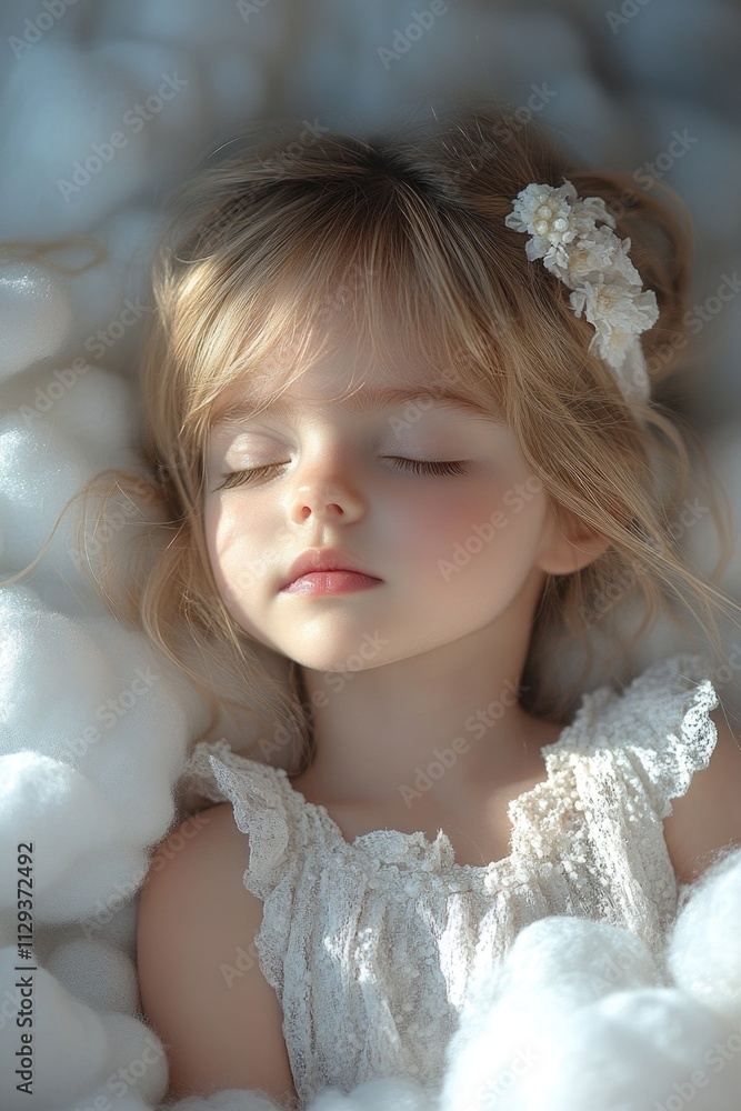 A young girl lies peacefully amidst fluffy white clouds, perfect for any dreamy or whimsical context A young girl lies peacefully amidst fluffy white clouds, perfect for any dreamy or whimsical context