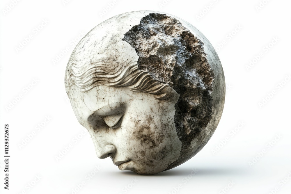 Stone head sculpture, weathered, fragmented sphere. Stone head sculpture, weathered, fragmented sphere.