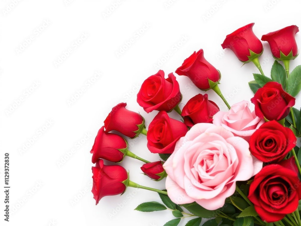 Vibrant red rose bouquet arranged on white backdrop, rose Vibrant red rose bouquet arranged on white backdrop, rose