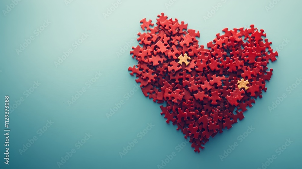 Red Heart Puzzle with Gold Pieces on Pastel Background for Valentine s Day, Concept of Love Red Heart Puzzle with Gold Pieces on Pastel Background for Valentine s Day, Concept of Love