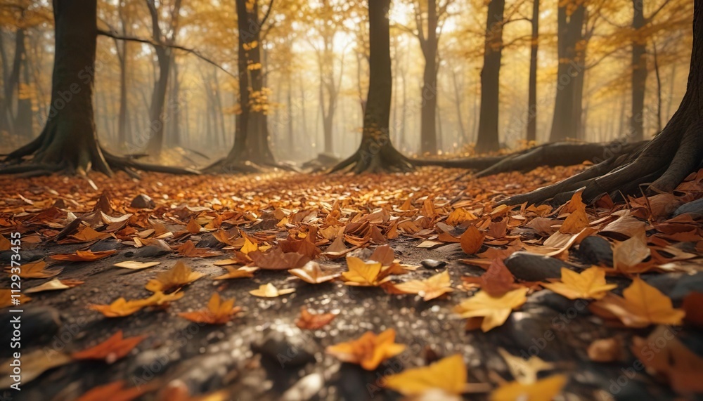 Mellow golden hues of fallen leaves scattered on a forest floor , foliage, forest floor, earthy tones Mellow golden hues of fallen leaves scattered on a forest floor , foliage, forest floor, earthy tones