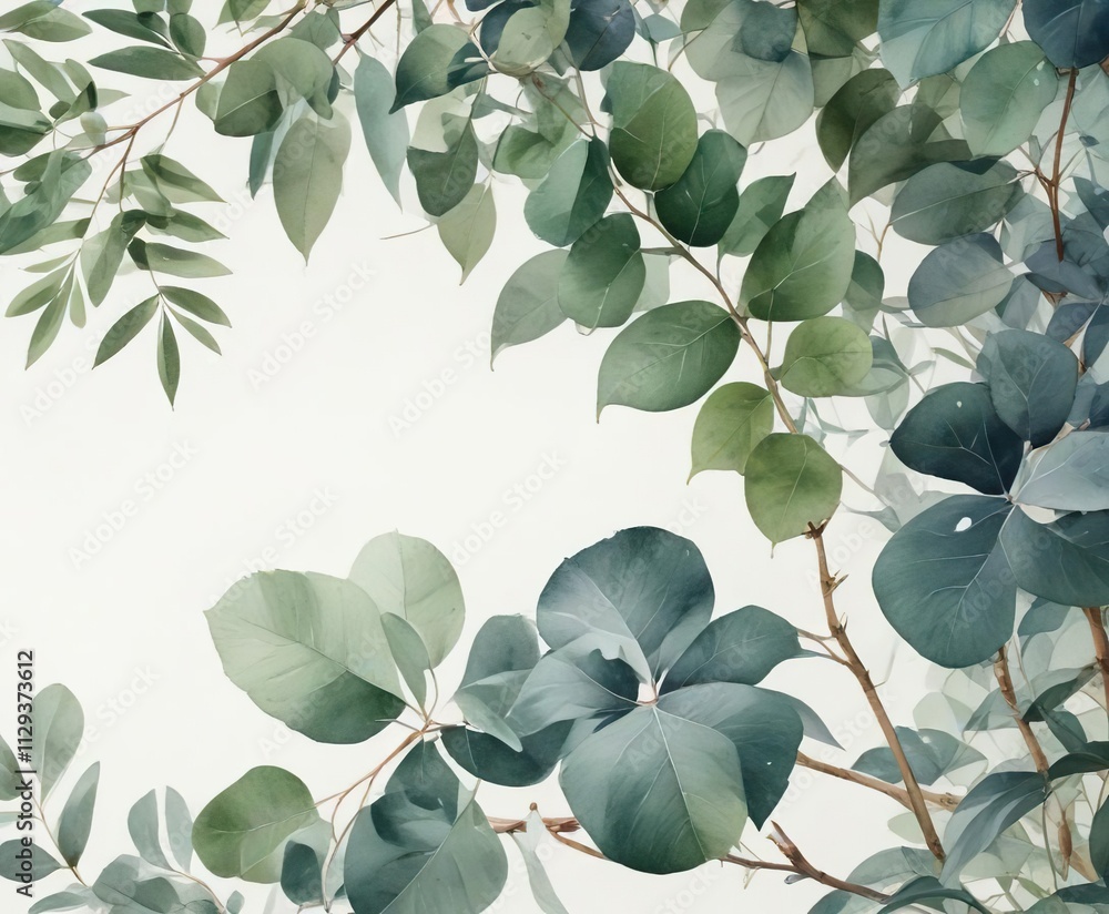 Tranquil watercolor painting of greenery and eucalyptus branch, painting, green, tranquil Tranquil watercolor painting of greenery and eucalyptus branch, painting, green, tranquil