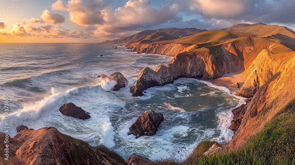 Obraz premium A stunning coastal landscape at sunset with waves crashing against rocky cliffs.