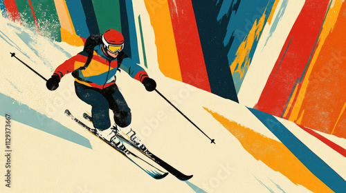 Vibrant Skiing Adventure: Colorful Artwork of a Skier Racing Downhill photo