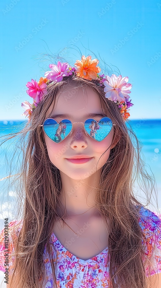 Joyful girl with heart-shaped sunglasses enjoying a sunny beach day at the shore, surrounded by waves and bright blue sky Joyful girl with heart-shaped sunglasses enjoying a sunny beach day at the shore, surrounded by waves and bright blue sky