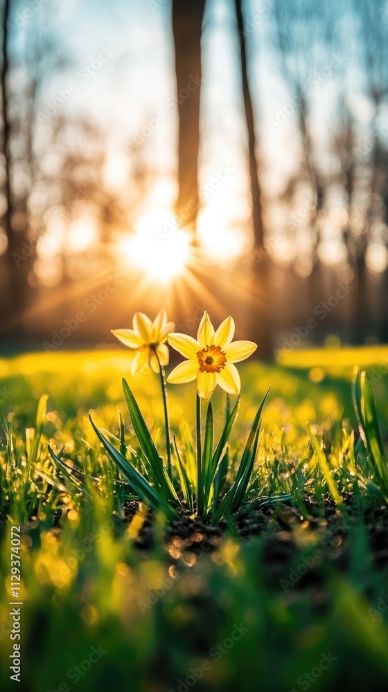Fototapeta premium Sunlit Daffodils in Early Morning Glow amidst a Serene Meadow Landscape