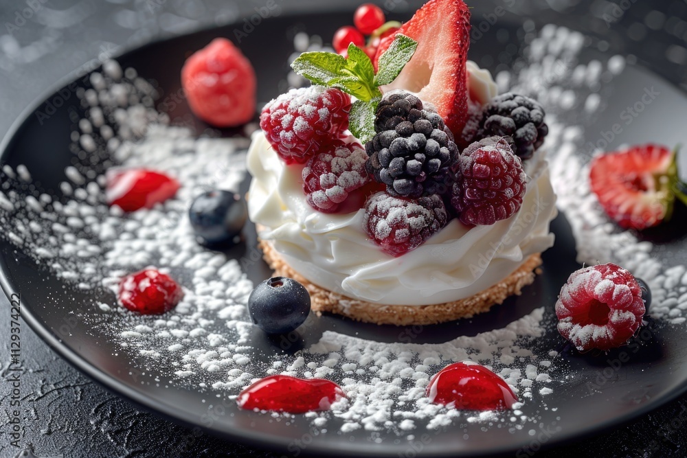 A sweet treat featuring a mix of berries and powdered sugar on a dark plate A sweet treat featuring a mix of berries and powdered sugar on a dark plate