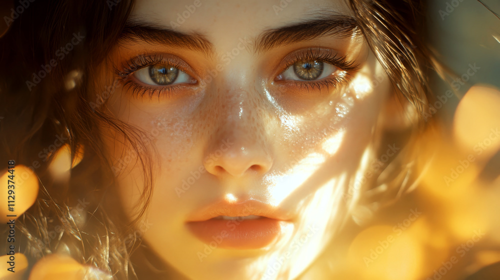 A close-up of a woman's face with freckles, illuminated by soft sunlight. Concept of beauty and serenity. A close-up of a woman's face with freckles, illuminated by soft sunlight. Concept of beauty and serenity.