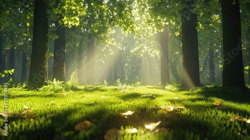 Sunlight Streaming Through Forest Canopy Illuminating Lush Greenery