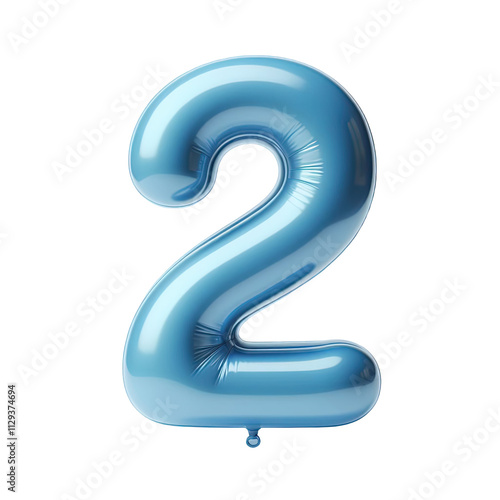 blue color Number 2 Balloon, Shiny balloon shape party decoration, isolated on transparent cutout PNG