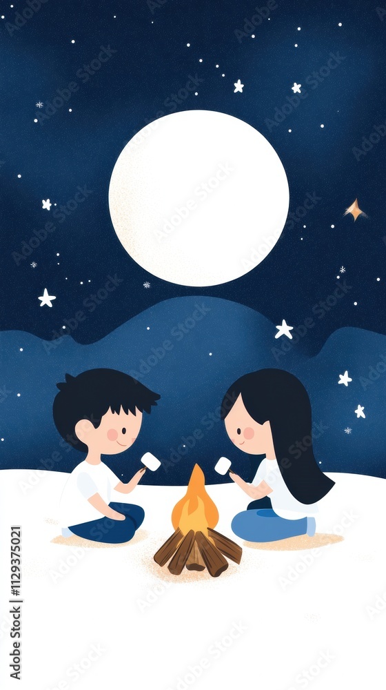 A cartoon couple enjoys roasting marshmallows under a starry night sky, AI A cartoon couple enjoys roasting marshmallows under a starry night sky, AI
