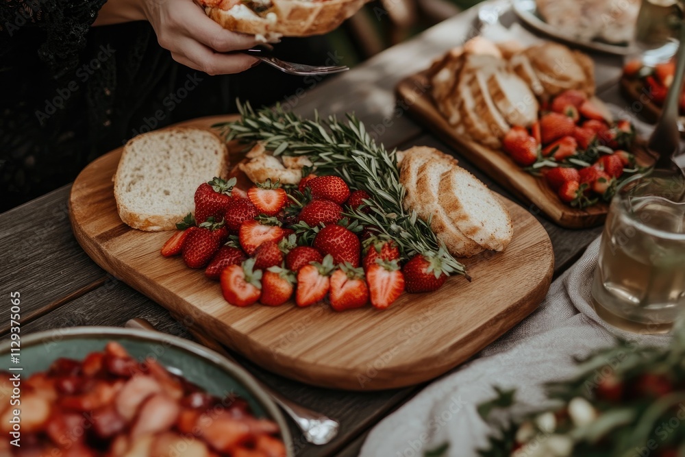 Rustic Outdoor Picnic with Fresh Strawberries, Sliced Bread, and Herbs Rustic Outdoor Picnic with Fresh Strawberries, Sliced Bread, and Herbs