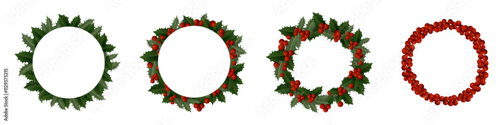 Christmas and New Year frame with leaves and holly berries. Template for holiday greetings. Vector illustration Christmas and New Year frame with leaves and holly berries. Template for holiday greetings. Vector illustration
