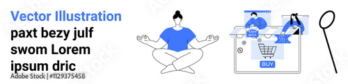 Individual meditating, person shopping online, and interconnected devices. Ideal for wellness, e-commerce, technology, digital connectivity, work-life balance, online communication virtual reality