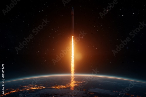 Rocket launches from Earth into space with bright flames illuminating the dark sky