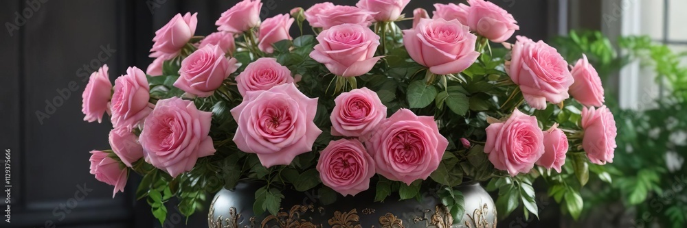 Pink roses in a decorative vase with lush foliage and flowers, refined decor, elegant presentation, pink rose