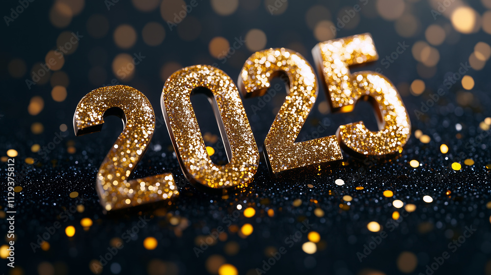 Gold 2025 number on black glitter background. New Year celebration and party concept. Image for banner and greeting card. Gold 2025 number on black glitter background. New Year celebration and party concept. Image for banner and greeting card.