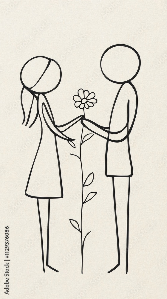 Stick figures exchanging a flower symbolize love and connection, AI Stick figures exchanging a flower symbolize love and connection, AI