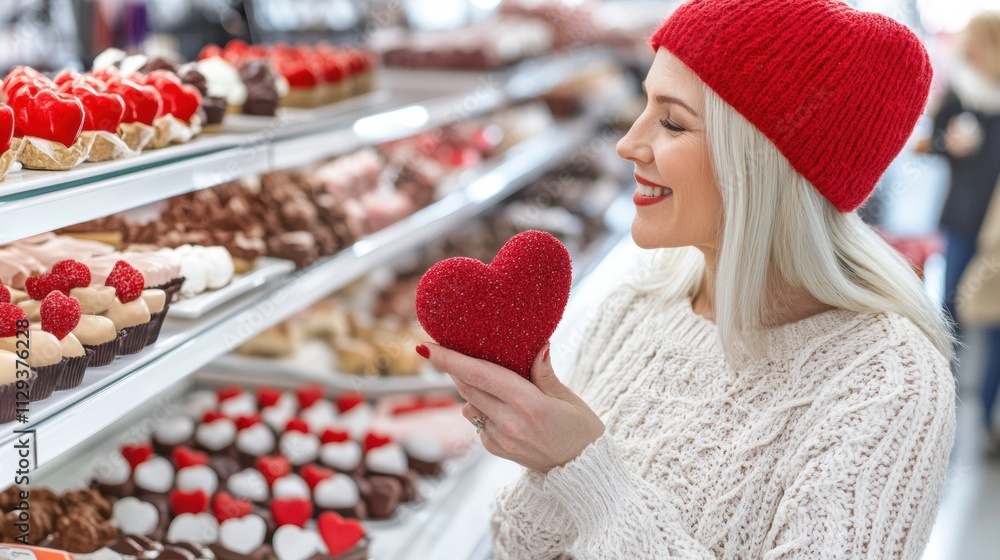 Smiling woman in a bakery holding a heart-shaped treat, surrounded by pastries, AI Smiling woman in a bakery holding a heart-shaped treat, surrounded by pastries, AI