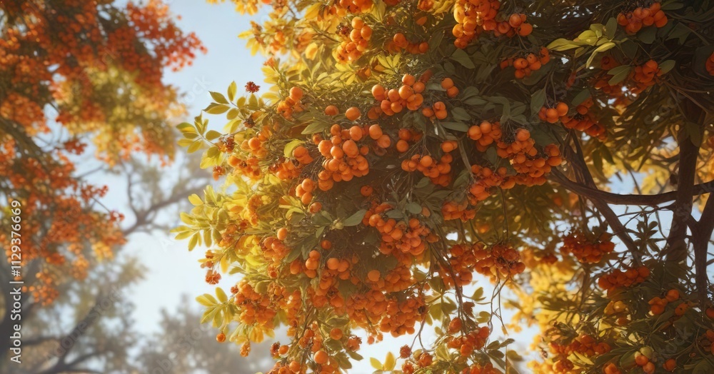 Rowan tree with large clusters of orange berries on hanging branches in full sun, green leaves, autumn tree, deciduous trees Rowan tree with large clusters of orange berries on hanging branches in full sun, green leaves, autumn tree, deciduous trees