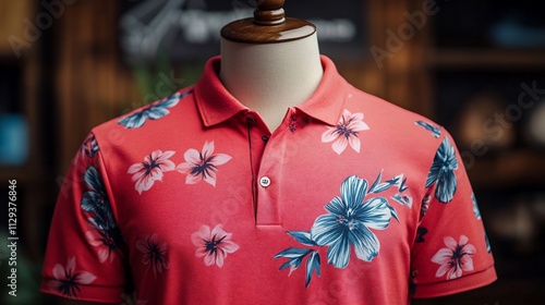 Coral floral print men's polo shirt on mannequin.