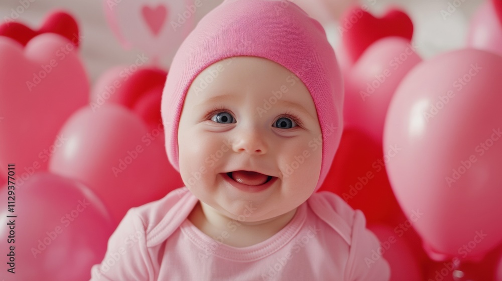 Smiling baby in pink surrounded by heart-shaped balloons, AI Smiling baby in pink surrounded by heart-shaped balloons, AI