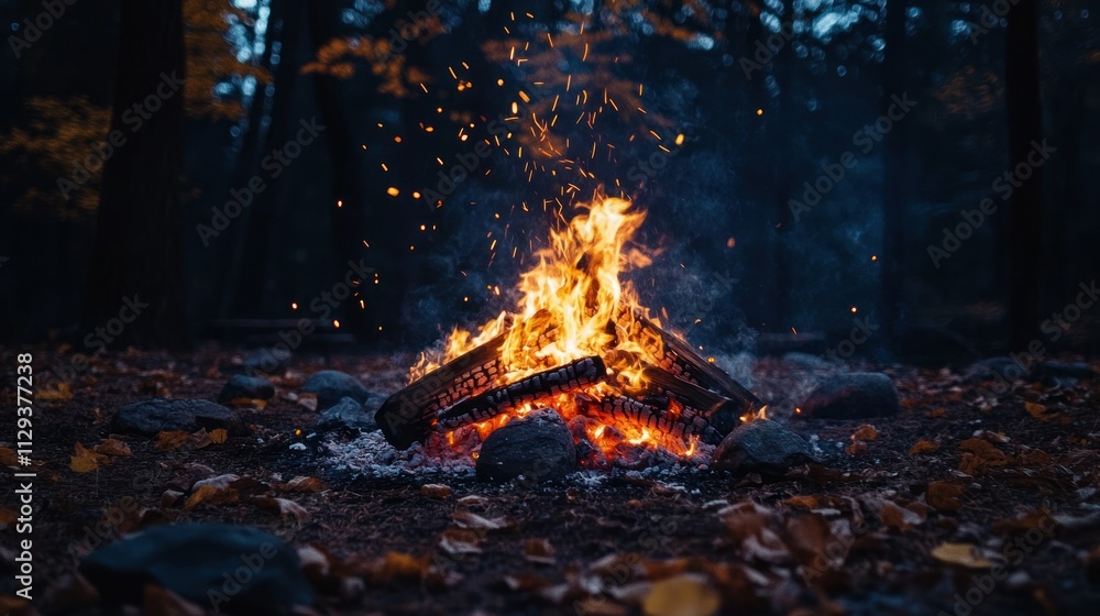 A campfire burns brightly in the heart of a dark forest. A campfire burns brightly in the heart of a dark forest.