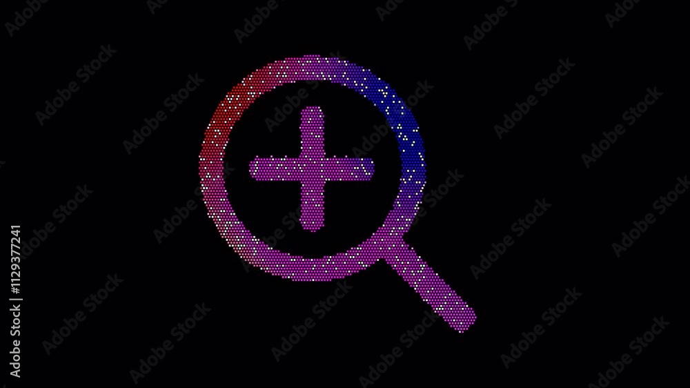 Icon search plus is made up of LED square shapes that shimmer and flicker. There are black dead diodes. In-Out looped. Alpha BW at the end Icon search plus is made up of LED square shapes that shimmer and flicker. There are black dead diodes. In-Out looped. Alpha BW at the end