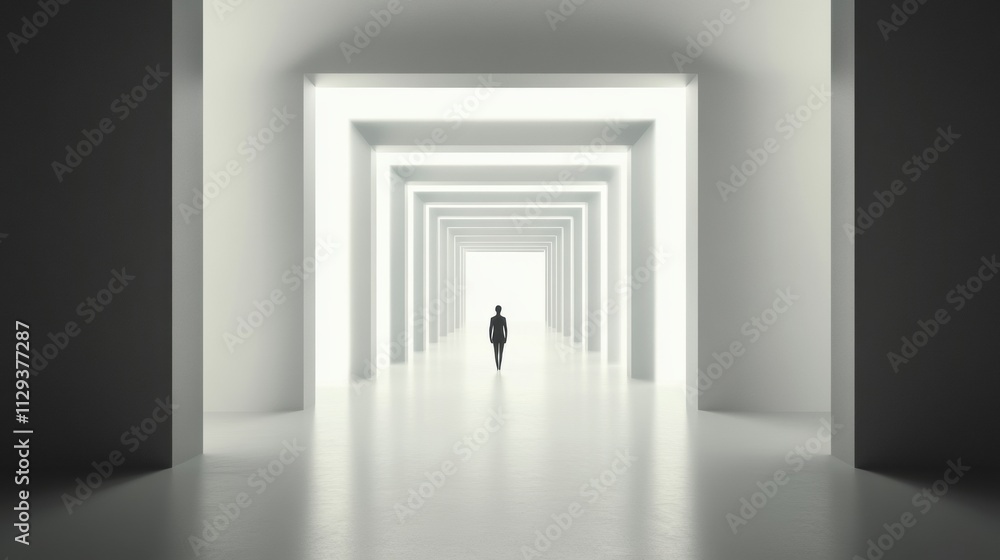 Obraz premium A person walks through an endless, illuminated corridor, evoking a sense of infinity, AI