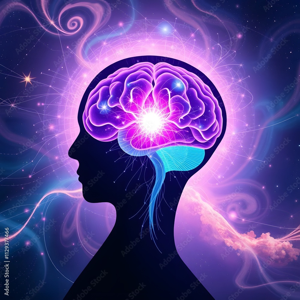 Obraz premium Silhouette of Human Head with Colorful Brain Illustration