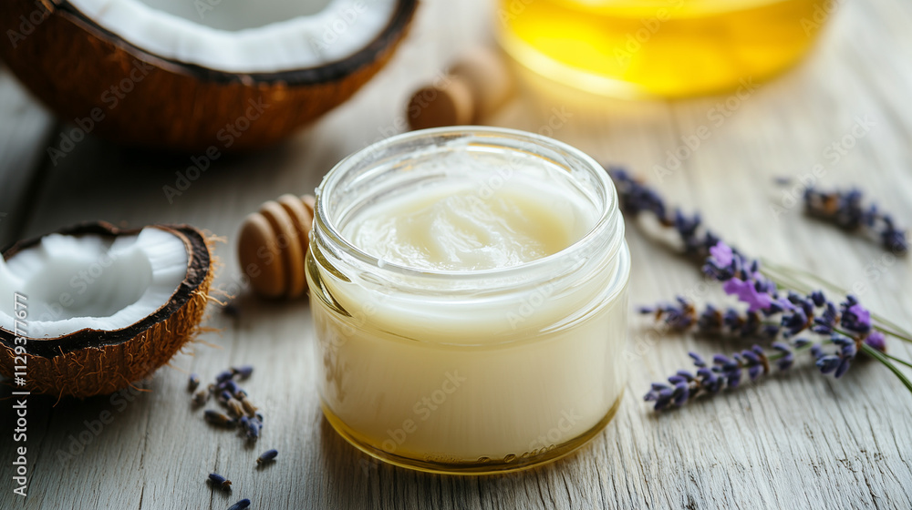 Luxurious coconut and lavender moisturizing cream for dry skin on rustic wooden table Luxurious coconut and lavender moisturizing cream for dry skin on rustic wooden table
