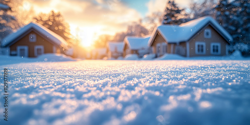 Snow covered village houses with falling snowflakes. Winter landscape with mountain village. Winter holiday concept. Image for postcard and greeting card with copy space photo