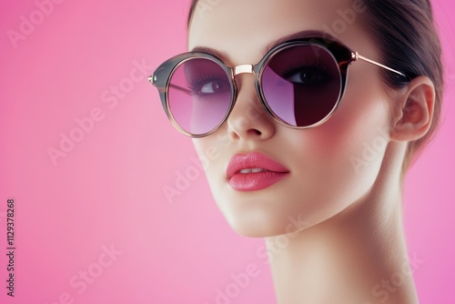 A woman posing with sunglasses on a bright pink background