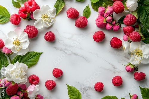 Vibrant arrangement of pink flowers and fresh raspberries on a marble surface