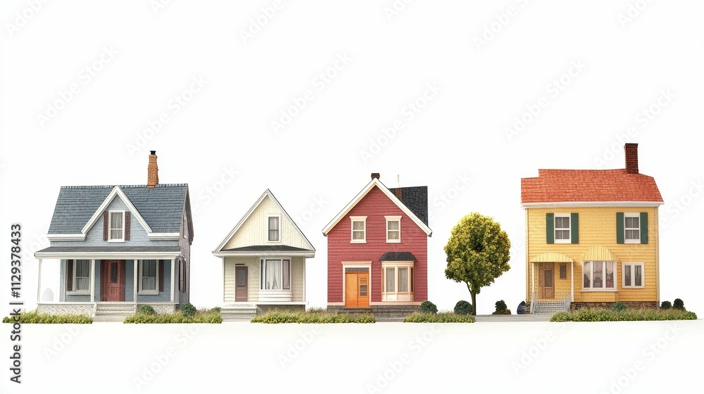Four colorful houses, tree, small yard. Four colorful houses, tree, small yard.