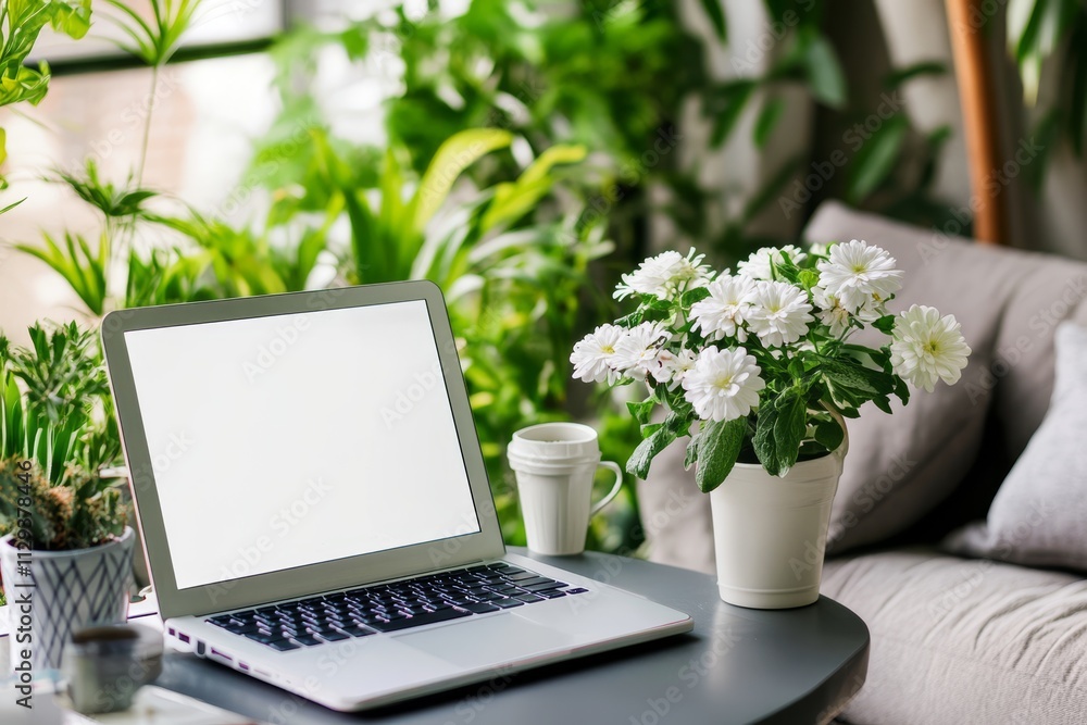 Laptop with blank screen on table surrounded by plants and flowers. Laptop with blank screen on table surrounded by plants and flowers.