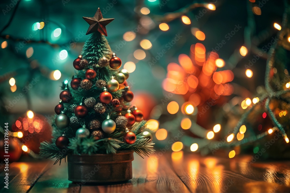 Miniature Christmas tree adorned with glass toys. Festive background Miniature Christmas tree adorned with glass toys. Festive background