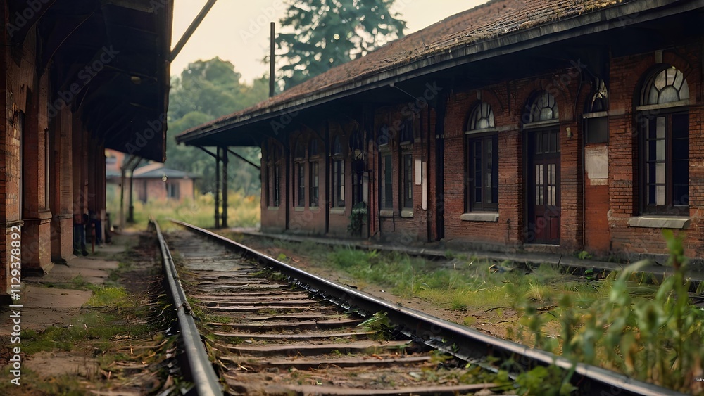 Brown red brick wall old abandon railway train station in the 80s Brown red brick wall old abandon railway train station in the 80s