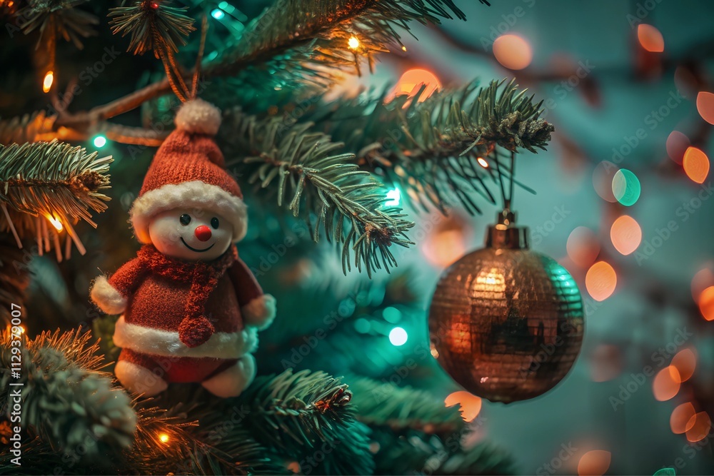 Close up view of toys hanging on the Christmas tree branch. Festive background Close up view of toys hanging on the Christmas tree branch. Festive background