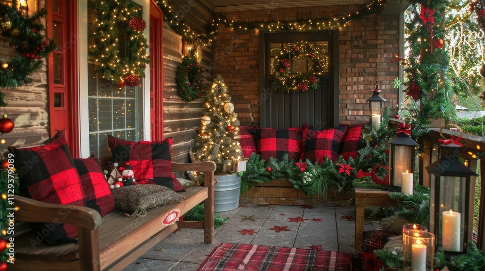 Fototapeta premium A festive Christmas porch decorated with red and white plaid cushions