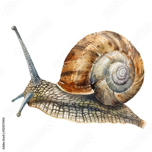 A watercolor drawing of a snail, isolated on a white background. Snail vector.