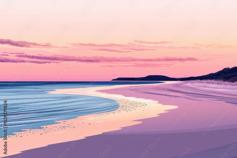 Fototapeta premium A serene beach scene at twilight with gentle waves and pastel-colored skies reflecting a tranquil atmosphere.