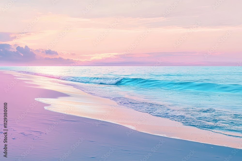Obraz premium A tranquil beach scene at sunset, showcasing soft pastel colors in the sky and gentle waves lapping at the shore.