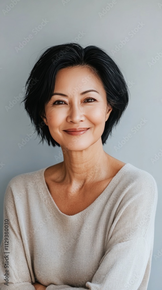 Woman with short black hair smiling warmly in a relaxed indoor setting during daylight Woman with short black hair smiling warmly in a relaxed indoor setting during daylight