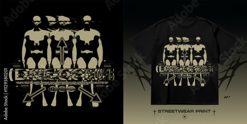 Streetwear blurred people silhouettes print. Street 3D grunge blurred print for t-shirt, hoodie and sweatshirt. Isolated on black background	