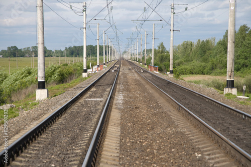 Railway line view on a cloudy summer day