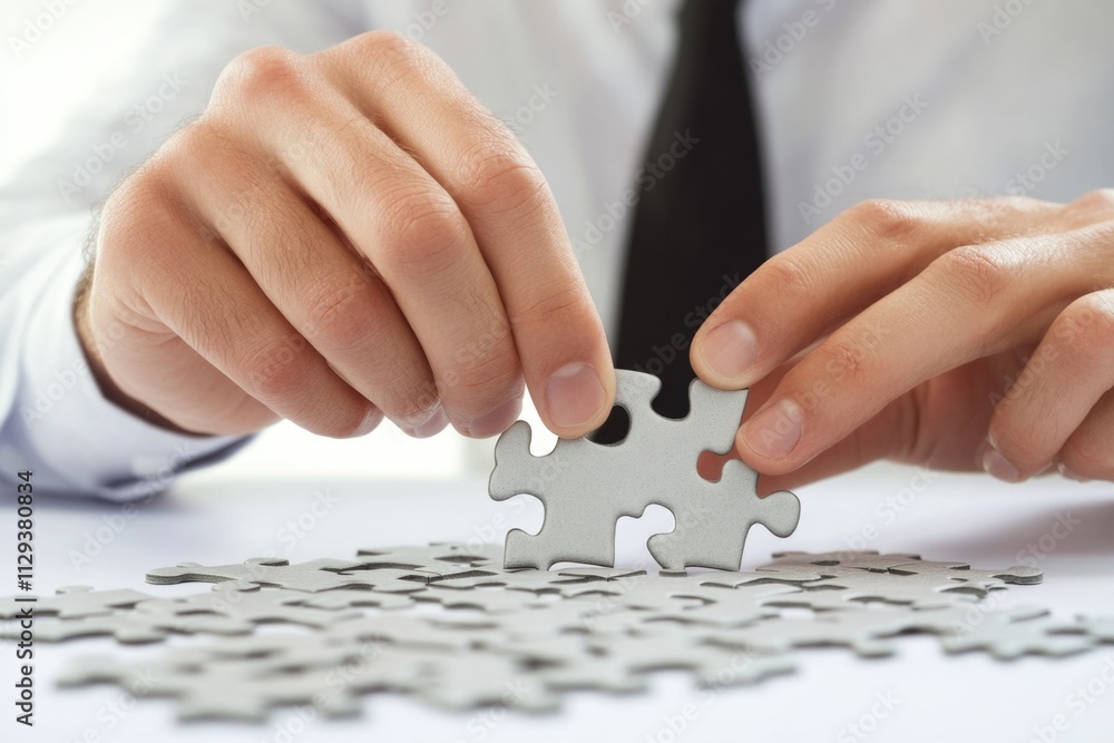 A person fitting a puzzle piece into place A person fitting a puzzle piece into place
