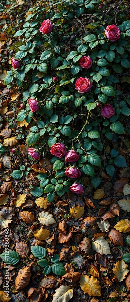 tangled wild rose stems and leaves amidst a bed of fallen leaves, fallen leaves, leaf litter tangled wild rose stems and leaves amidst a bed of fallen leaves, fallen leaves, leaf litter
