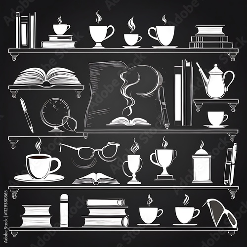 Books Coffee Cups And Other Study Essentials On Shelves photo